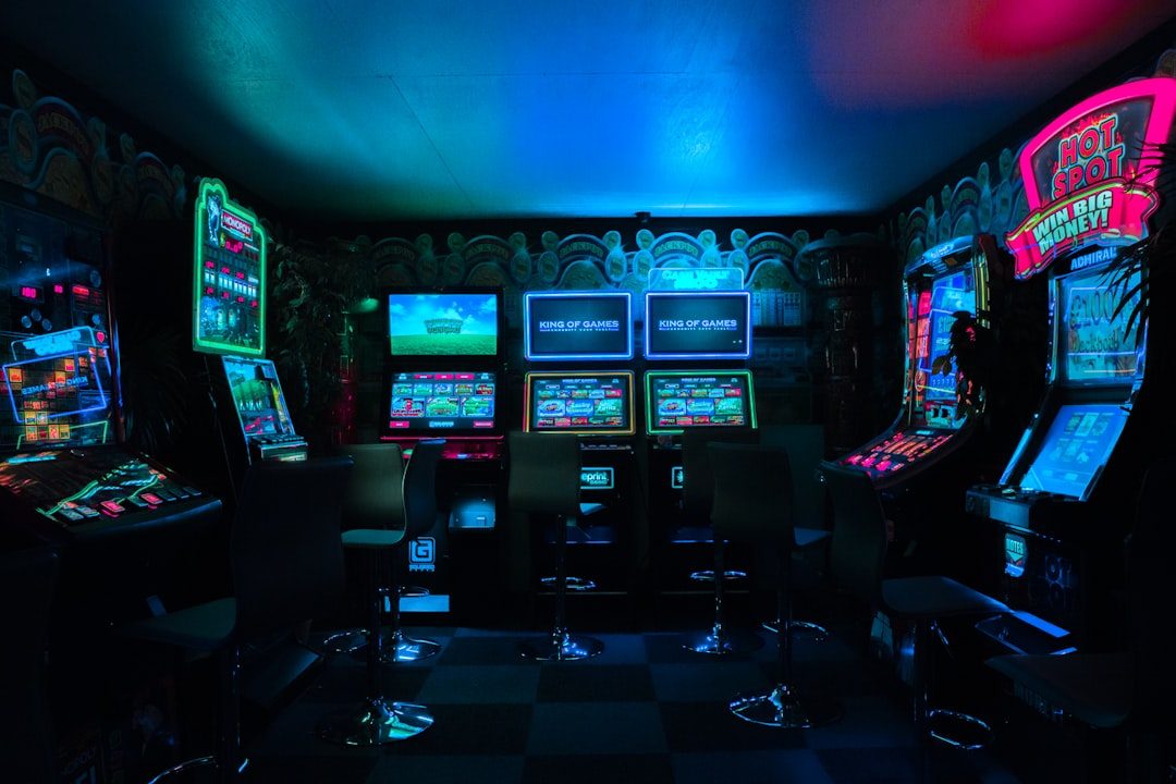 Neon arcade lights glowing in the dark